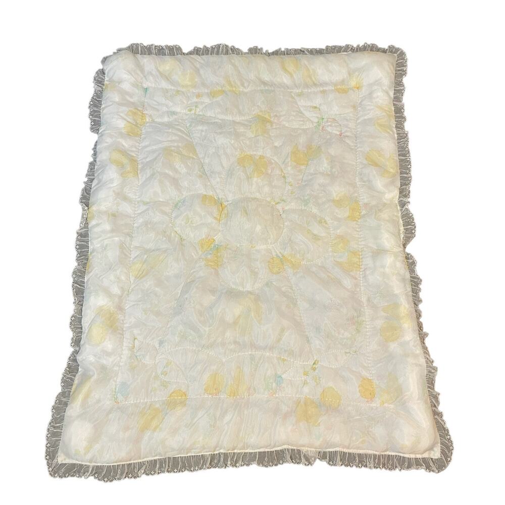 Vtg Handmade Baby Crib Blanket Pastels Bunnies Ducks Flowers Ruffled Lace Trim